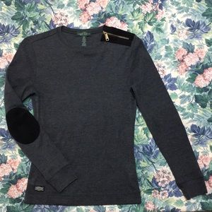 Ralph Lauren Jeans Co. Charcoal Gray Tee Black Suede Zip Shoulder Elbow Patch XS